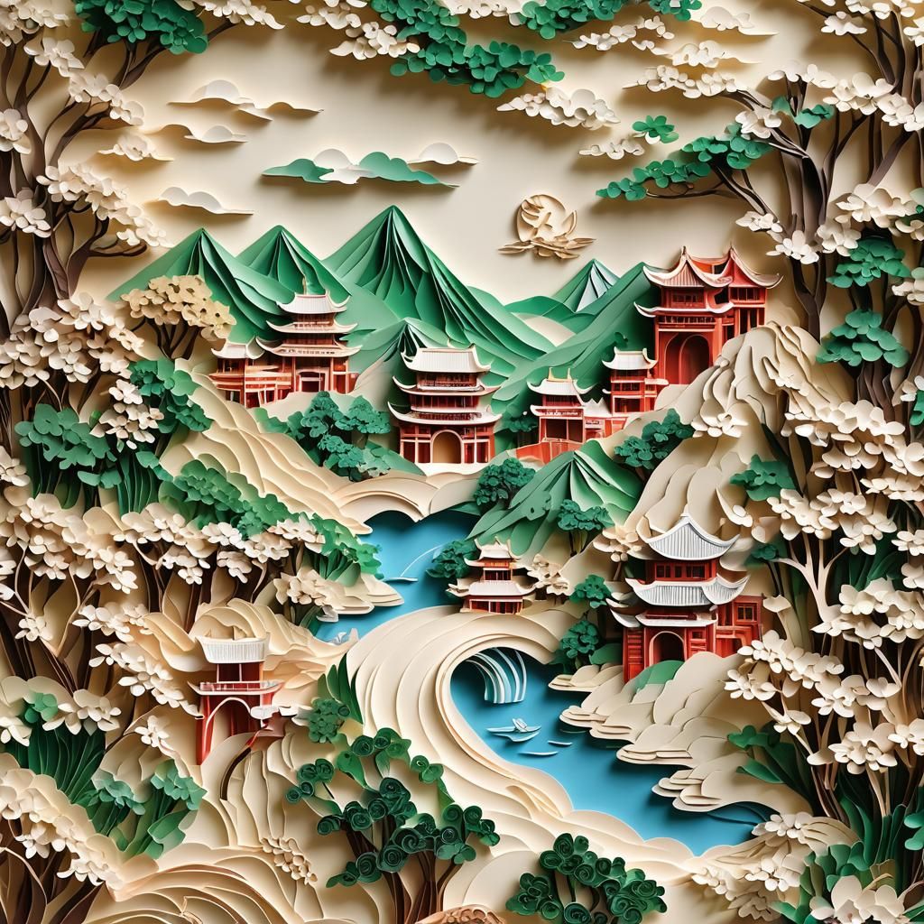 Chinese Landscape in Kirigami Paper Quilling Art