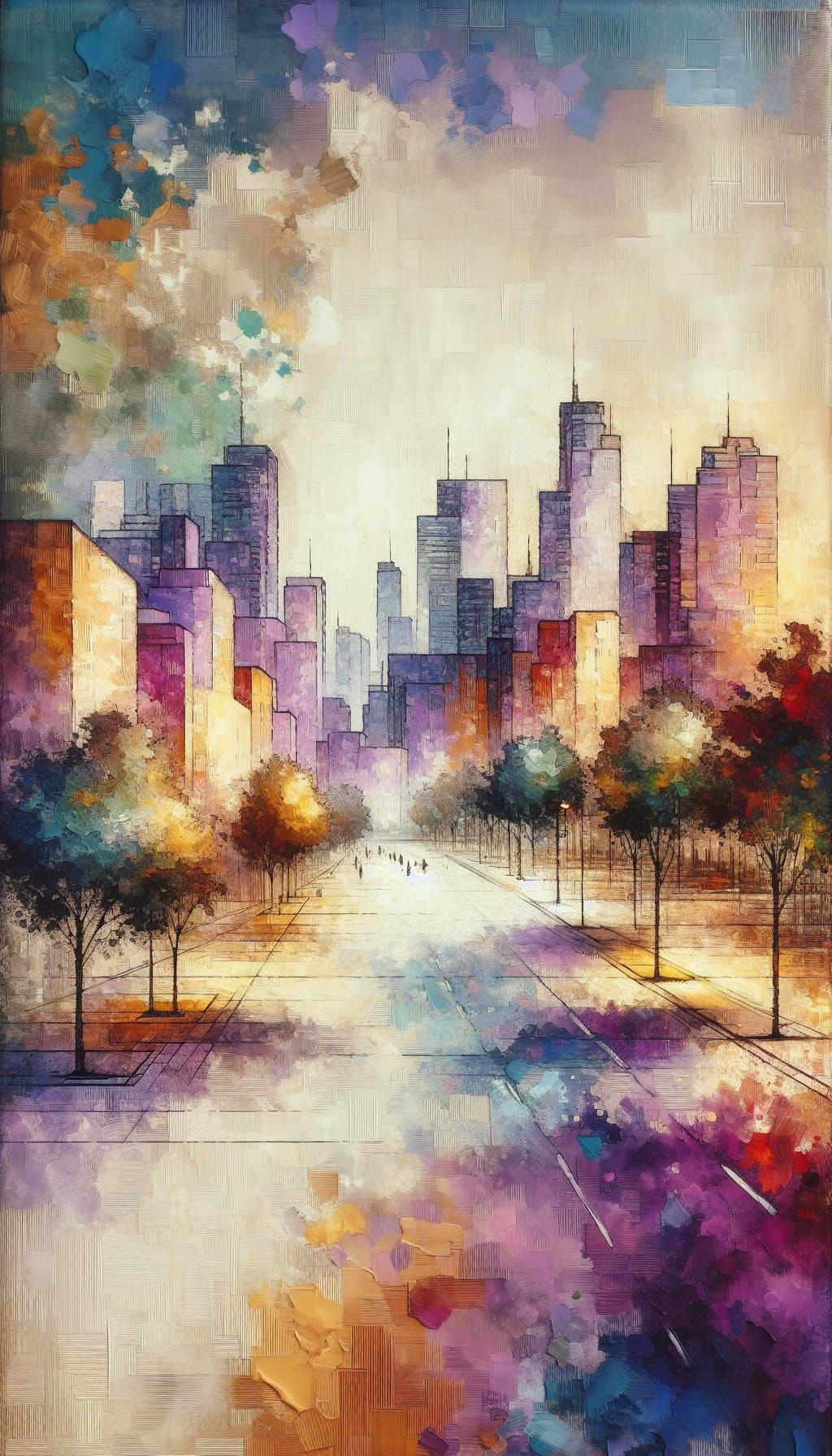 Abstract Lilac Cityscape in Post-Impressionist Style
