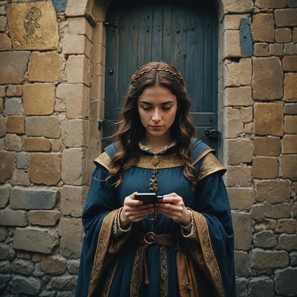 Medieval Girl with Smartphone in Cinematic Lighting