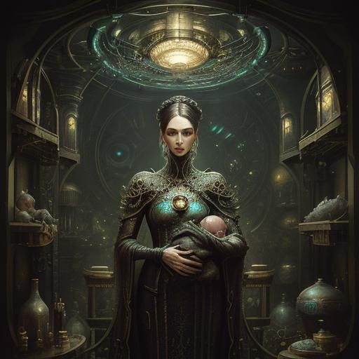 Portrait, dystopian midwife delivering baby in duchess' cham...