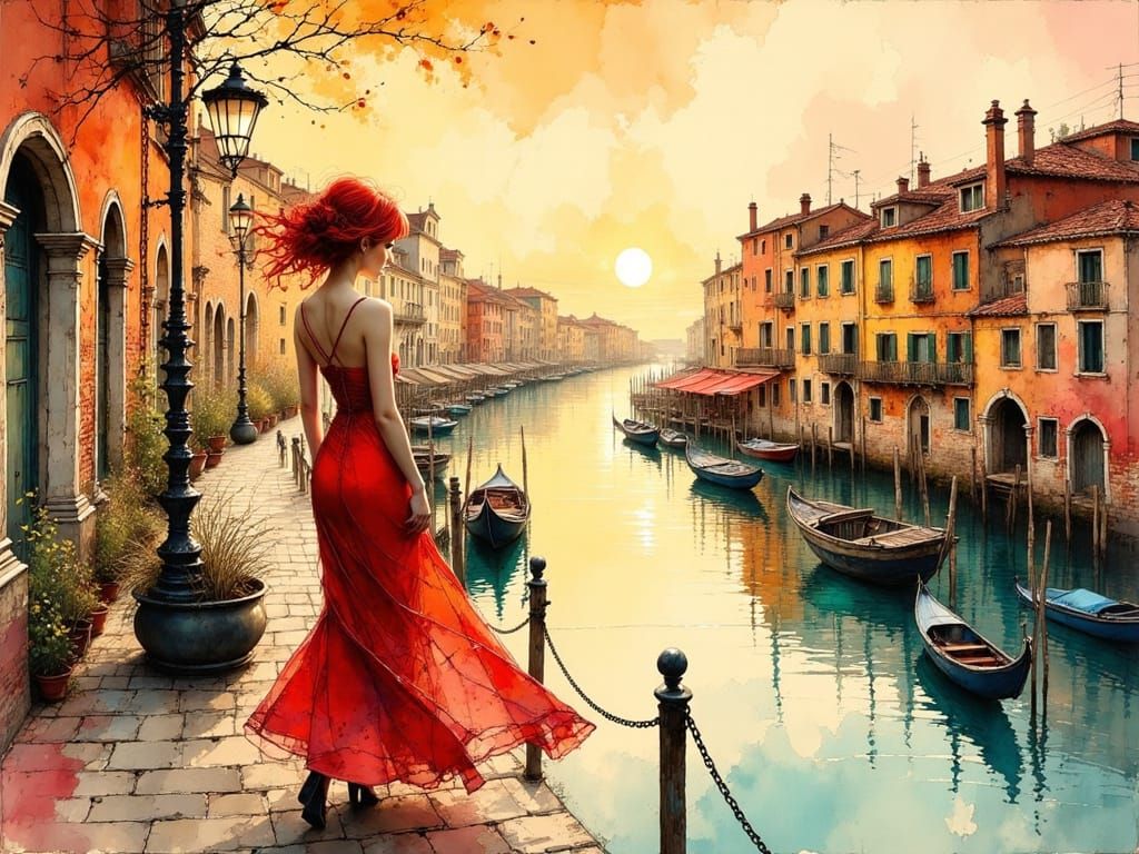 Venice Sunrise with Redhead Woman in Ink Style