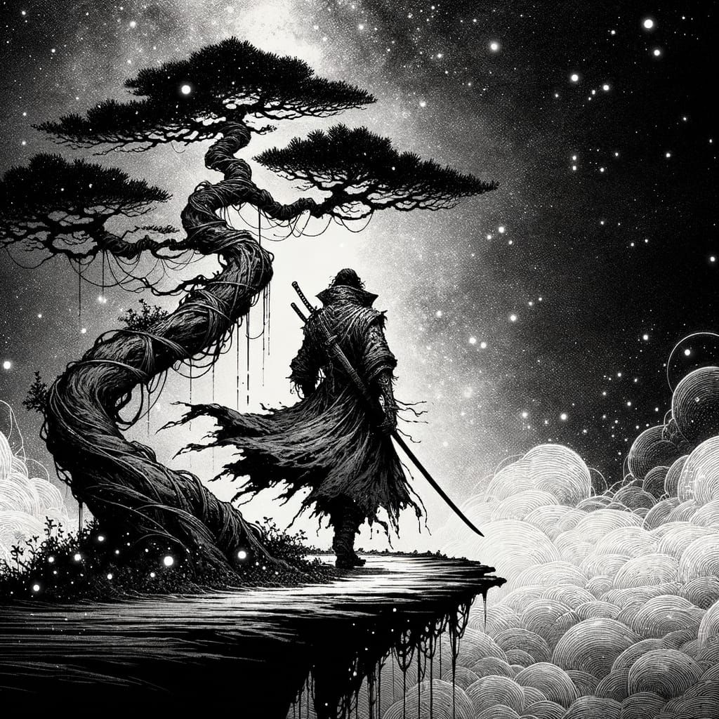 Wandering Swordsman Silhouette Under Moonlight