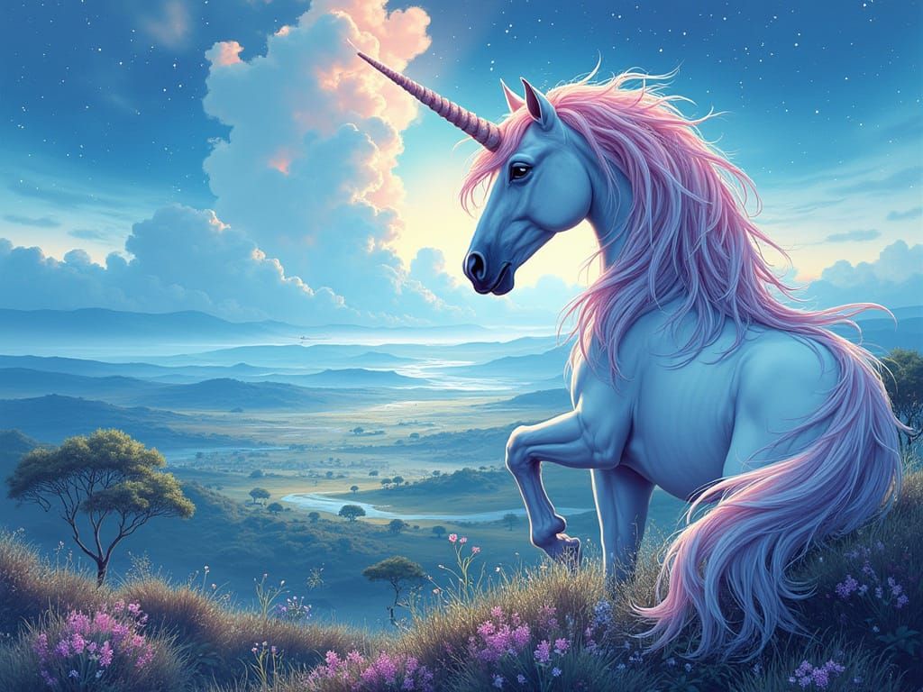 Unicorn in Bioluminescent Savanna, Watercolor Style