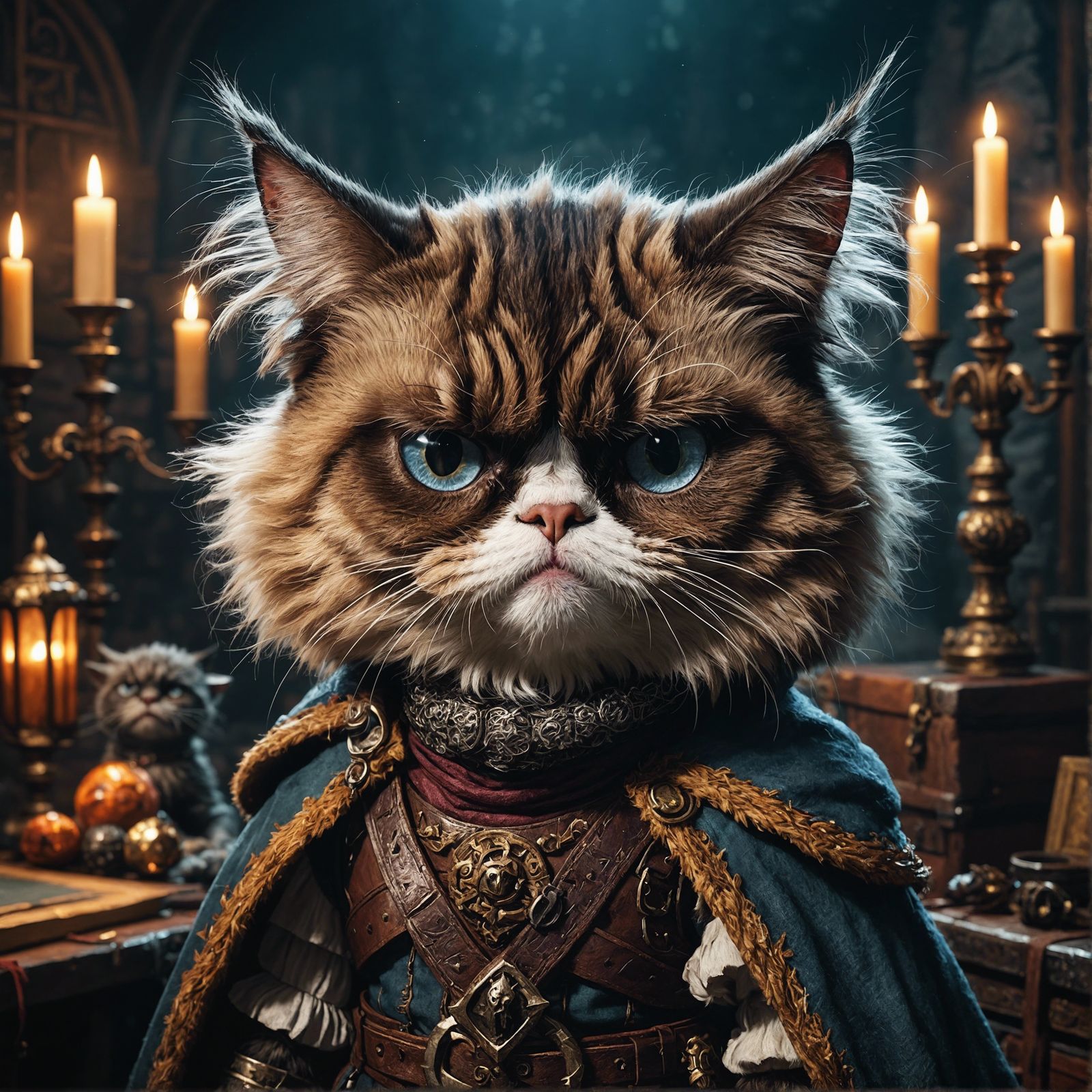 Grumpy Fantasy Cat Character in Dungeons and Dragons Style
