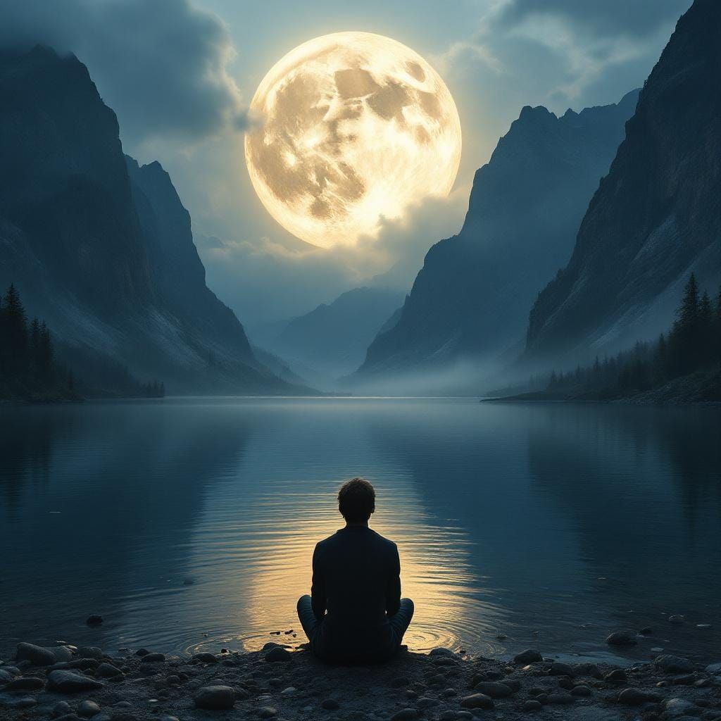 Majestic Moon Over Mountain Lake: Landscape Photography