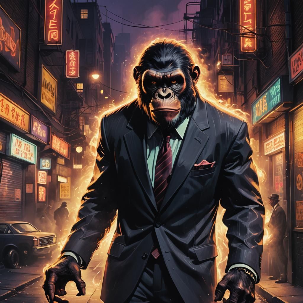 Ape in Suit in Film Noir Style Alleyway