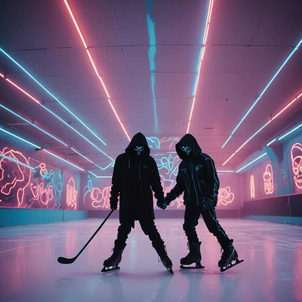 Grim Reaper Ice Skating in Synthwave Neon Style