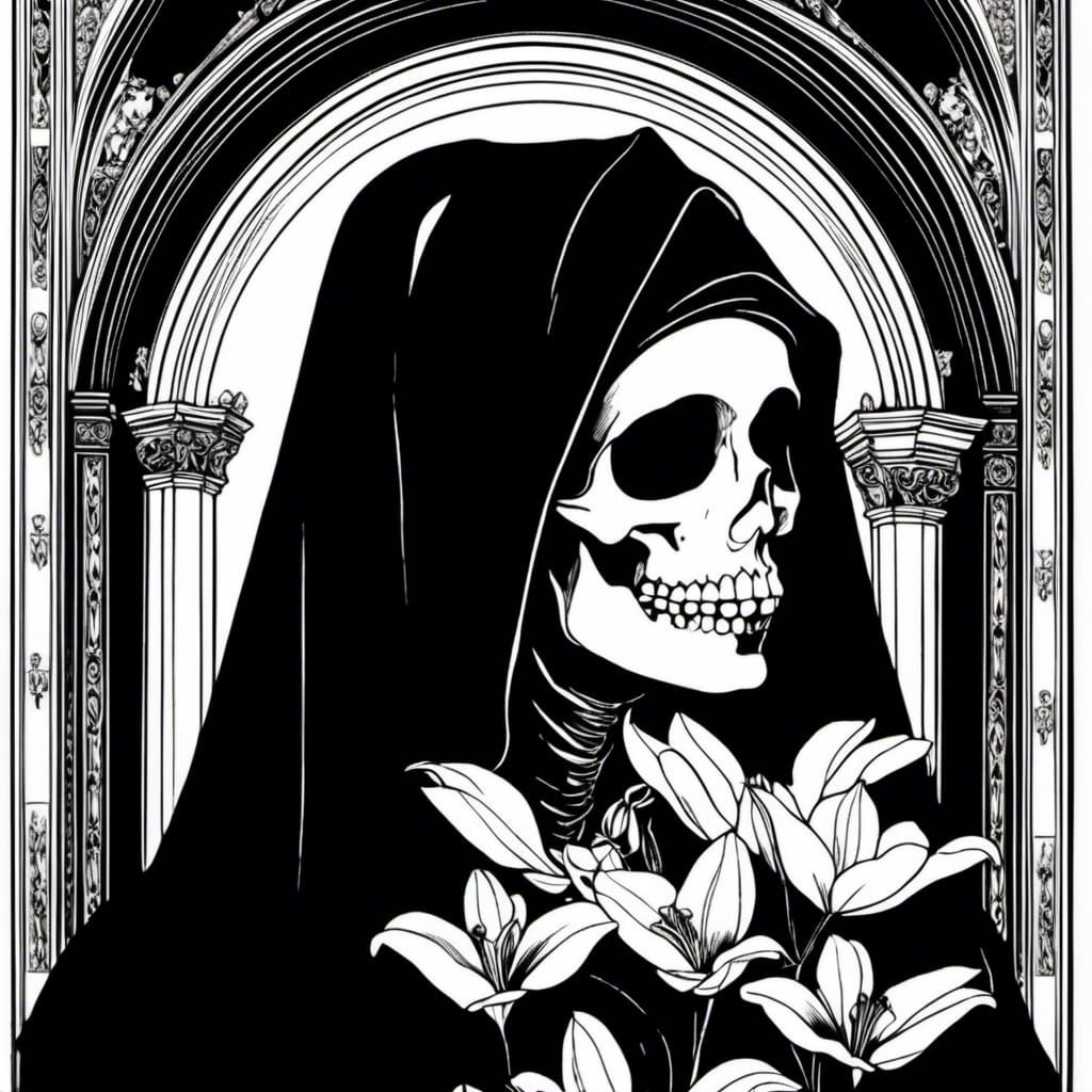 Skeleton Nun with Lily in Renaissance Style