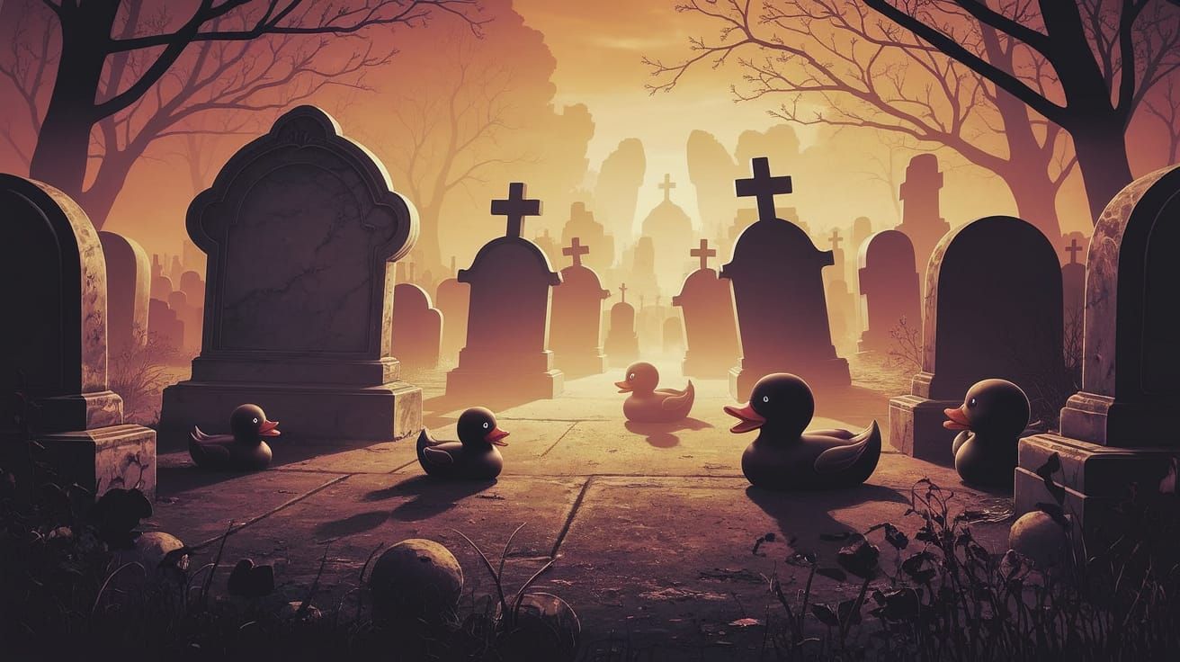 Eerie Rubber Ducks in Gothic Graveyard at Twilight