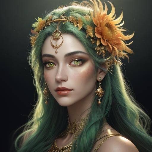 Ethereal Woman with Gold Skin and Peacock Feathers