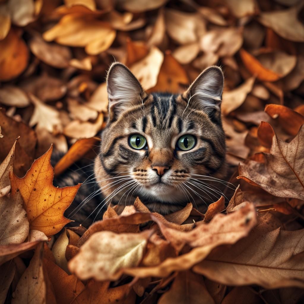 Hyperrealistic Cat in Autumn Leaves
