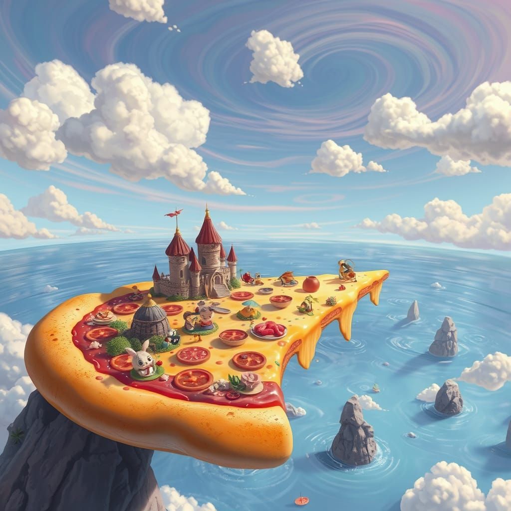 Floating Pizza Slice in Dreamscape Ocean, Ghibli Style