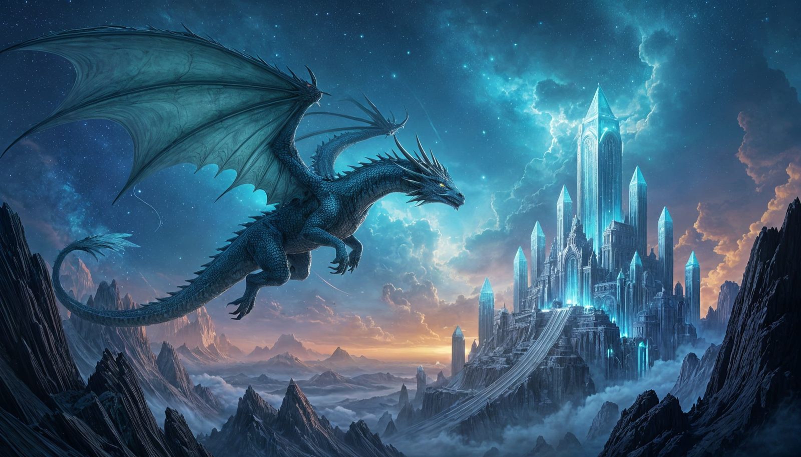 Dragon Soaring Above Crystal City in Nebula Sky