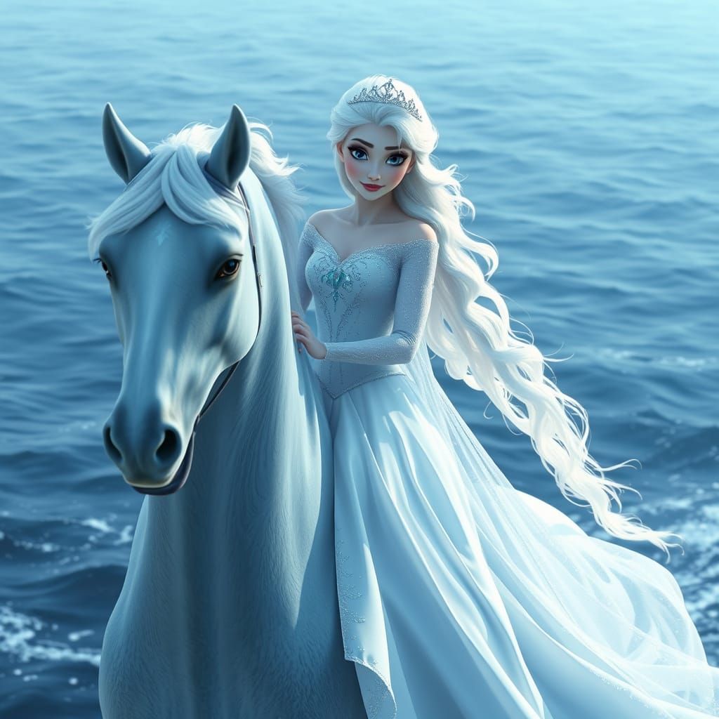 Elsa Rides Water Horse in Realistic Digital Painting