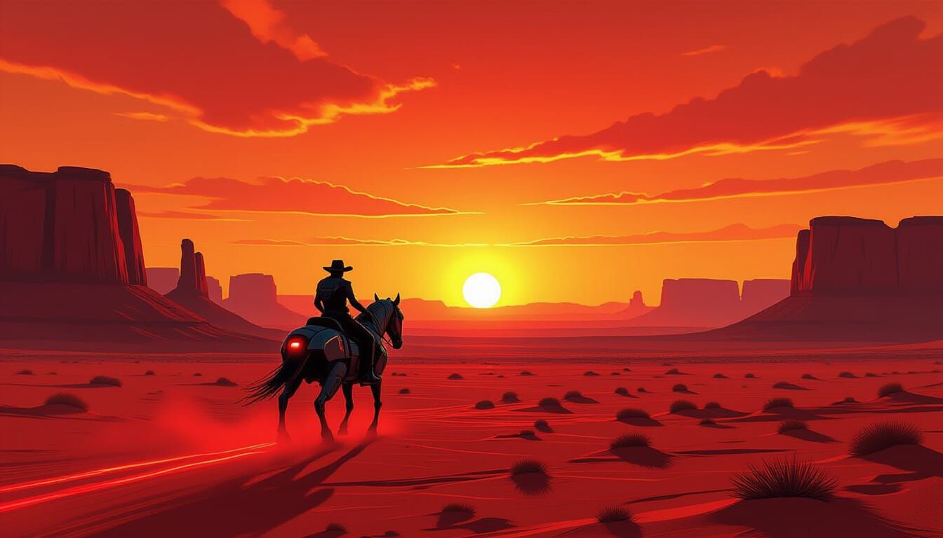 Lone Rider on Alien Mesa at Sunset
