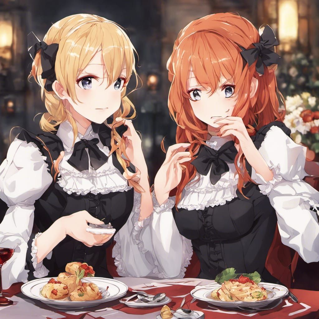 Anime Style: Blonde and Red-haired Women at Dinner