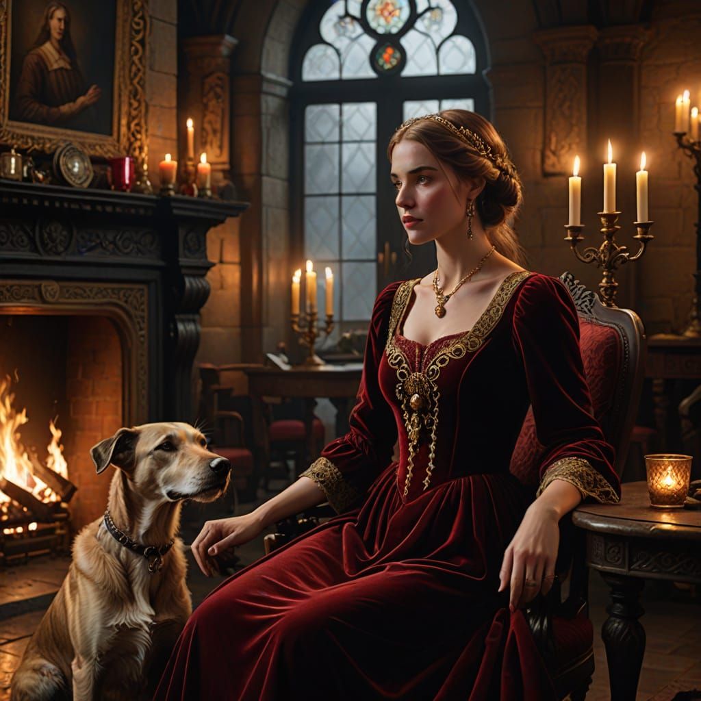 Young Noblewoman Contemplates by Tudor Castle Fireplace