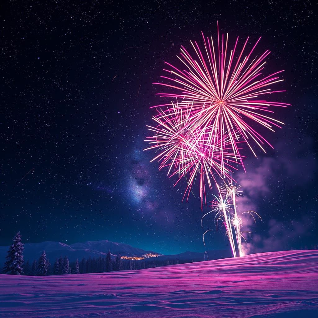 Cosmic Fireworks Celebration Under Starry Night Sky in Vibra...