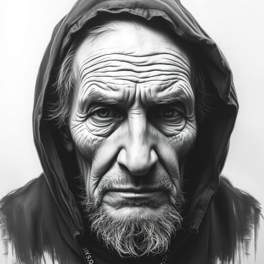 Serene Elder Charcoal Drawing: Wisdom and Calm
