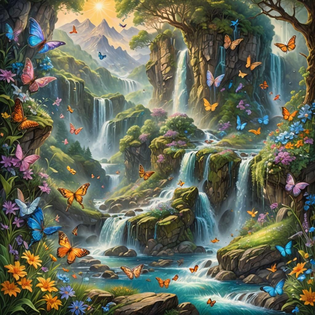 Lush Waterfall Landscape with Birds and Butterflies
