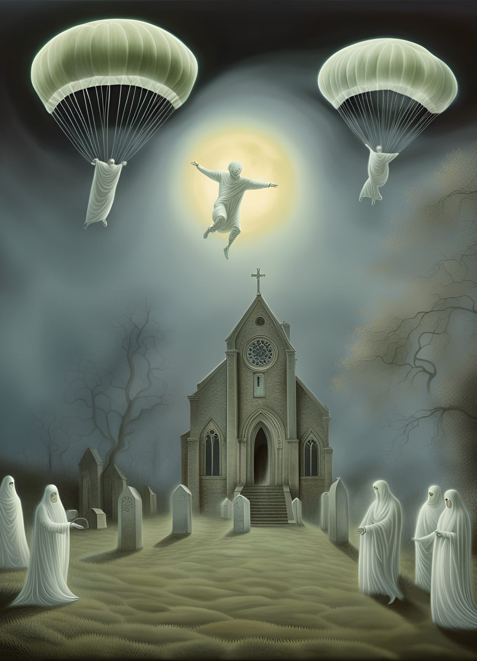 Skydiving Luminous Ghosts in Graveyard, Photorealistic Style