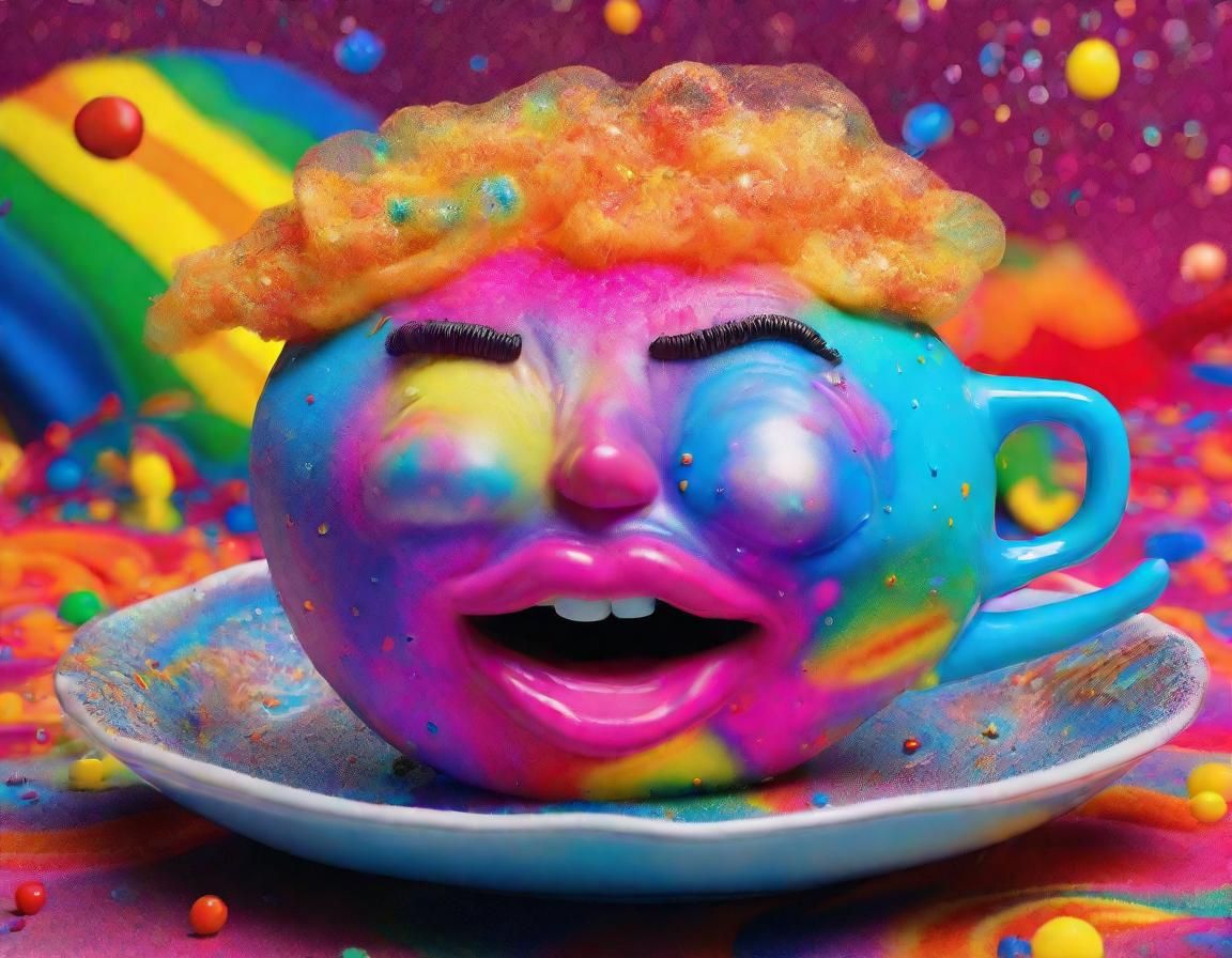 Psychedelic Fur Cushion Over Teacup with Rainbow Sparkles