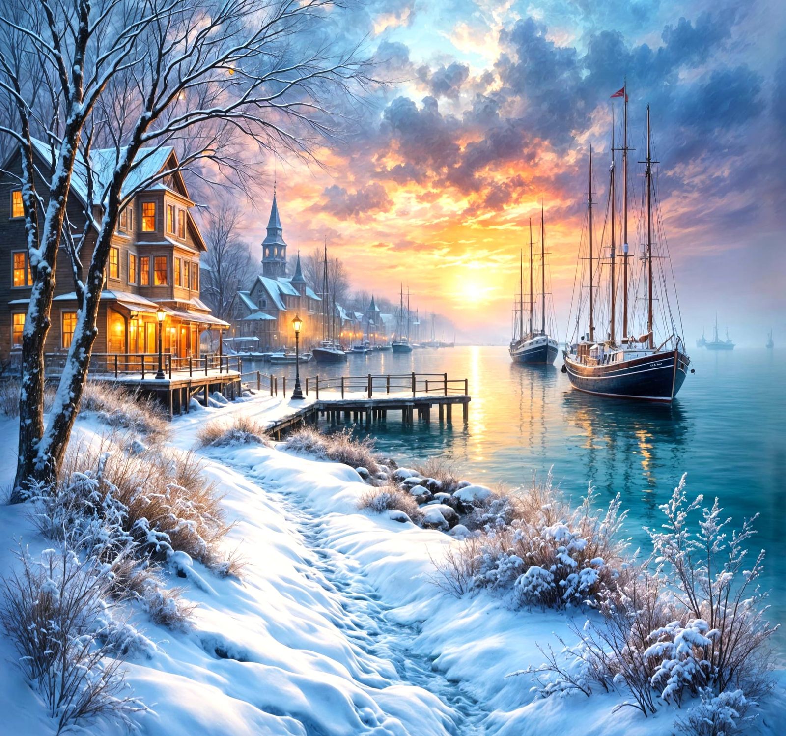 Winter Harbor Sunset in Impasto Oil Style