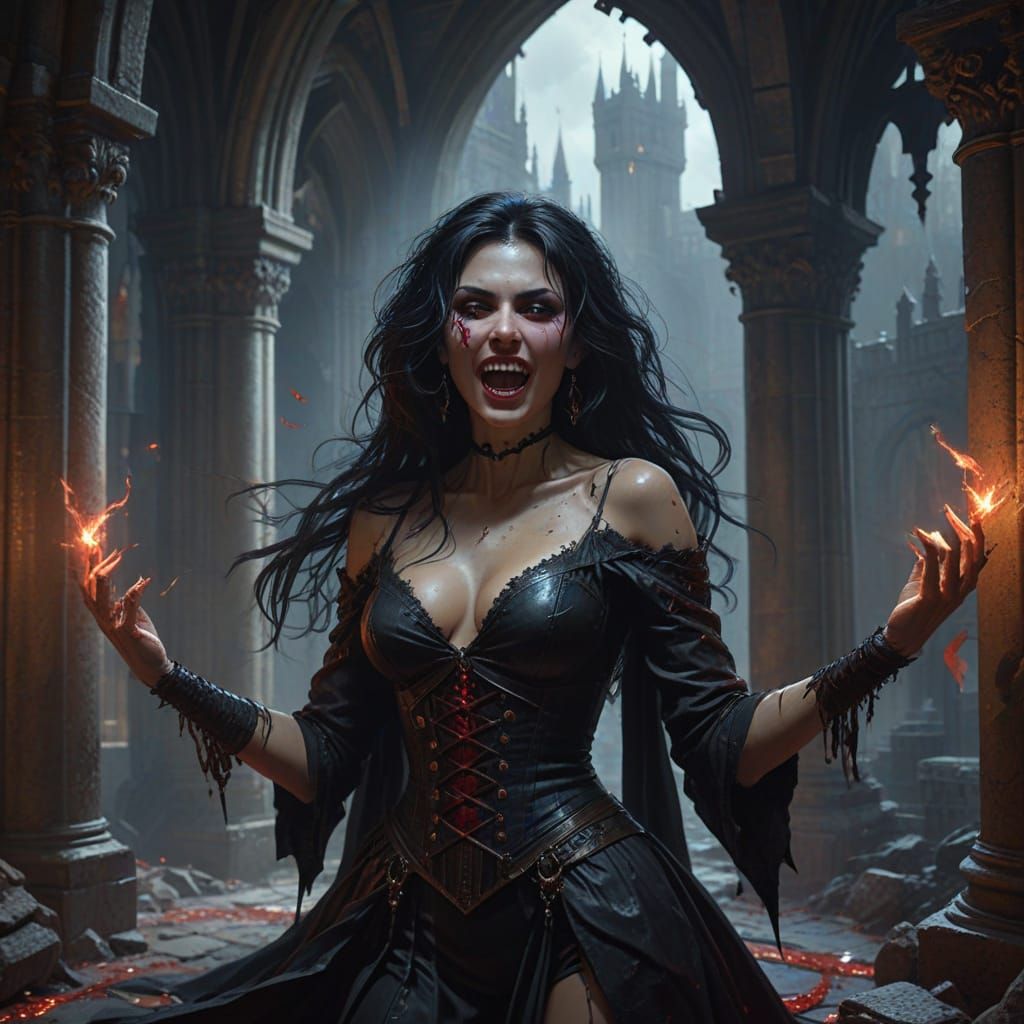 Seductive Vampire Woman in Gothic Castle Concept Art