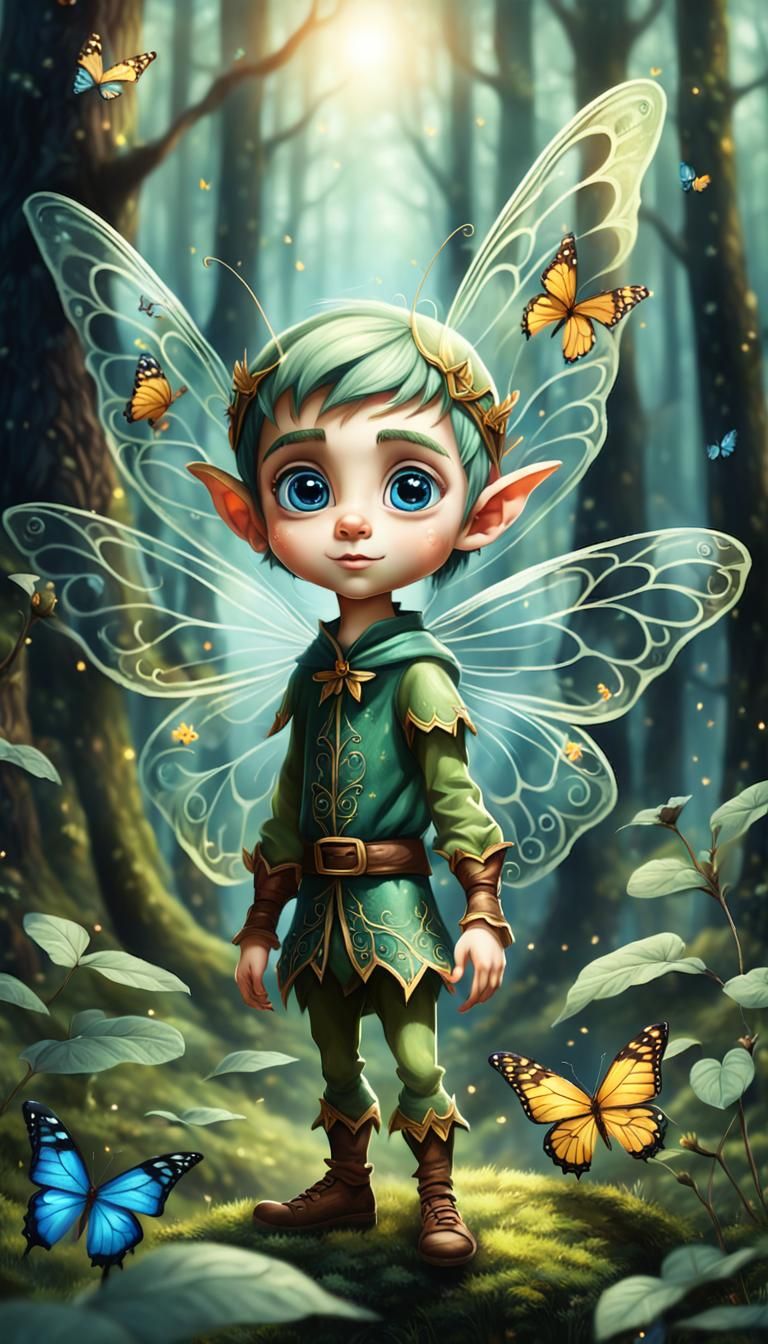 Transparent Elf in Enchanted Forest with Butterflies
