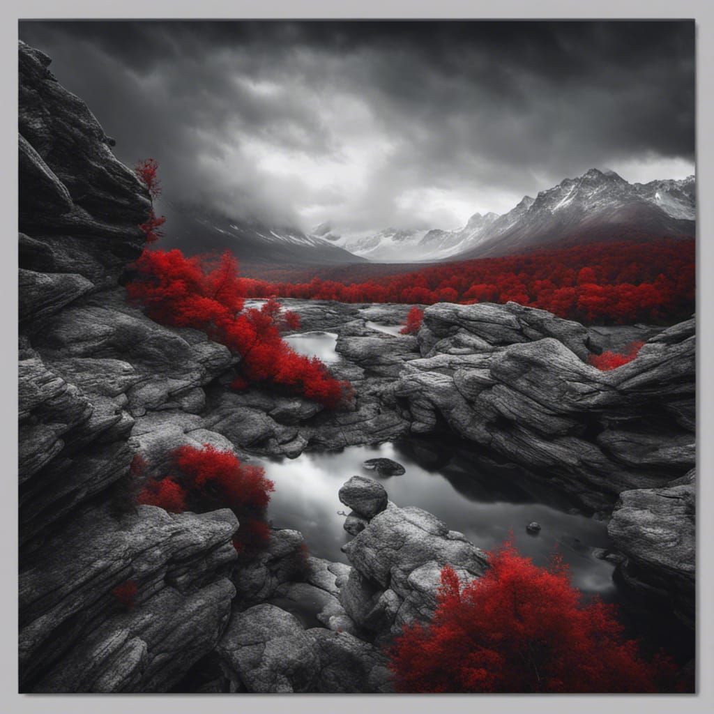 Dramatic Hyperrealistic Landscape in Red, White, and Grey