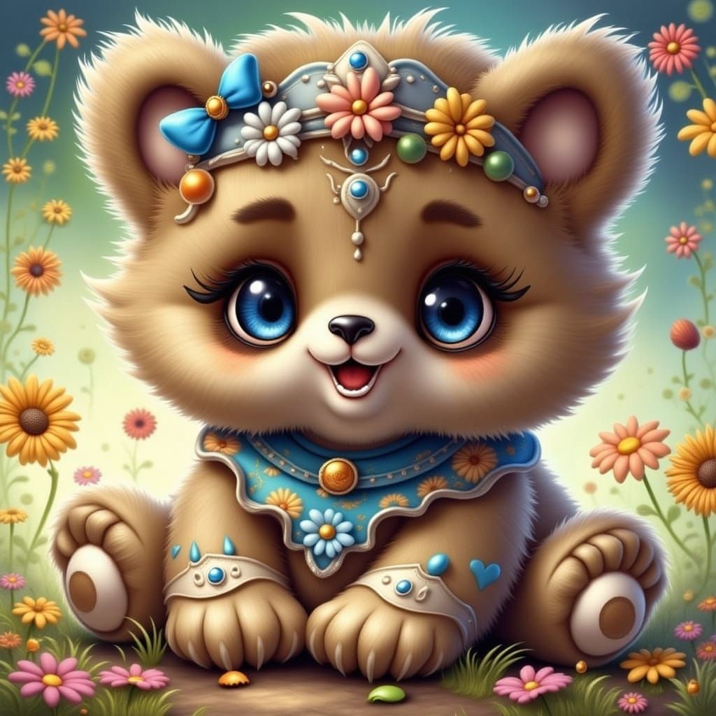 Watercolor illustration of mega adorable teddy with Big blue...