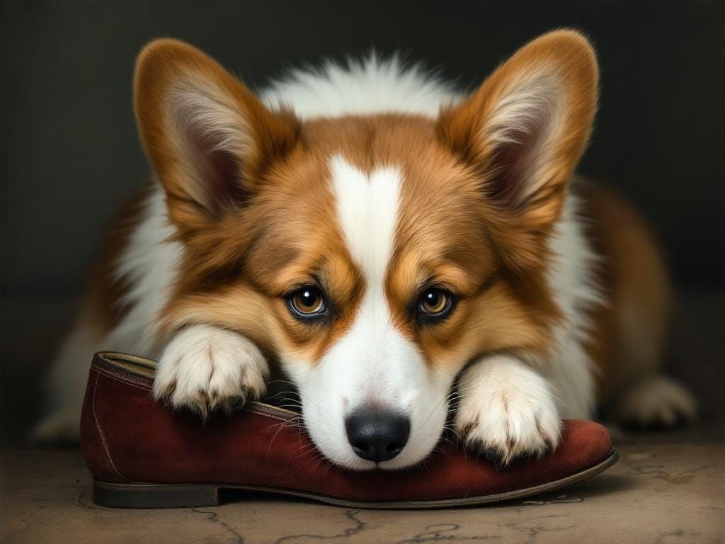 Melancholy Corgi with Slipper, Art Illustration