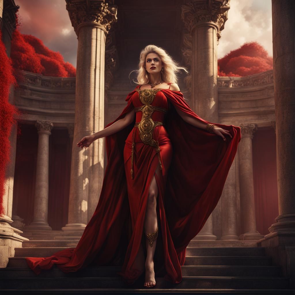 Beautiful Blonde Voluptuous Empress of Rome dressed in Crimson Red and Black Robes of State
