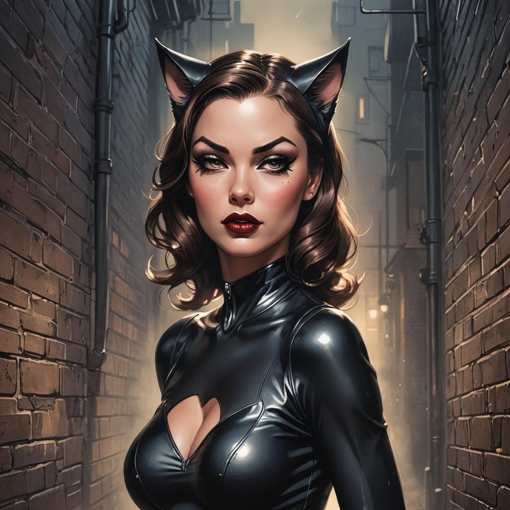 Seductive Cat Woman in Dark Alley: Comic Book Art