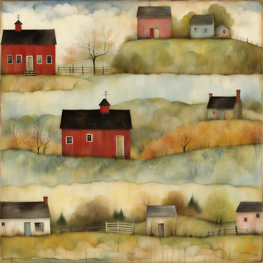 Charming Folk Art Landscape with Rolling Hills