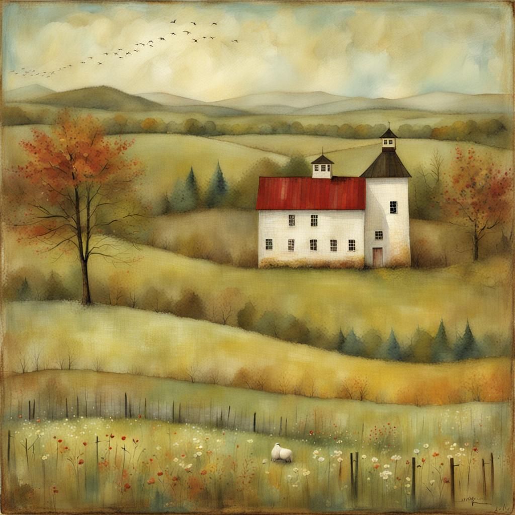 Enchanting Folk-Art Landscape with Playful Details