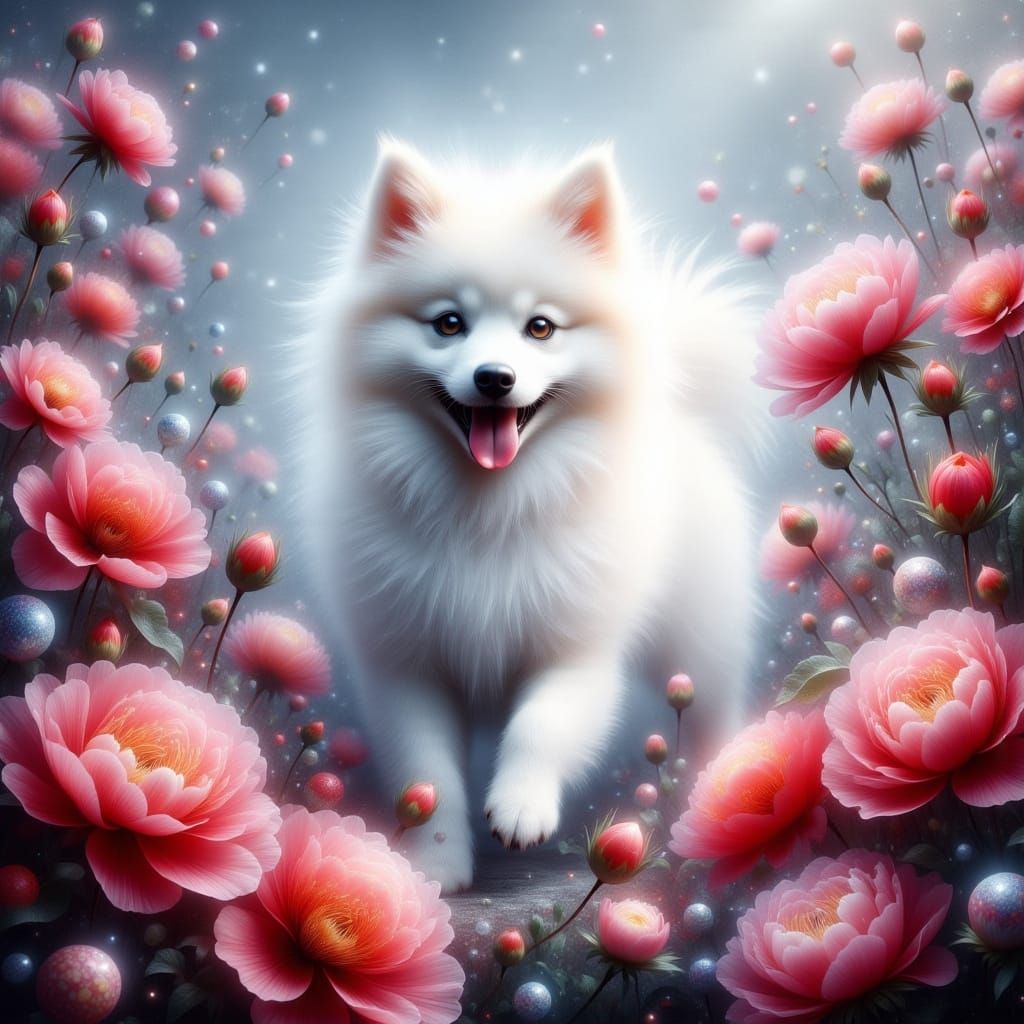 Whimsical Digital Art of a Puppy Amidst Vibrant Carnations