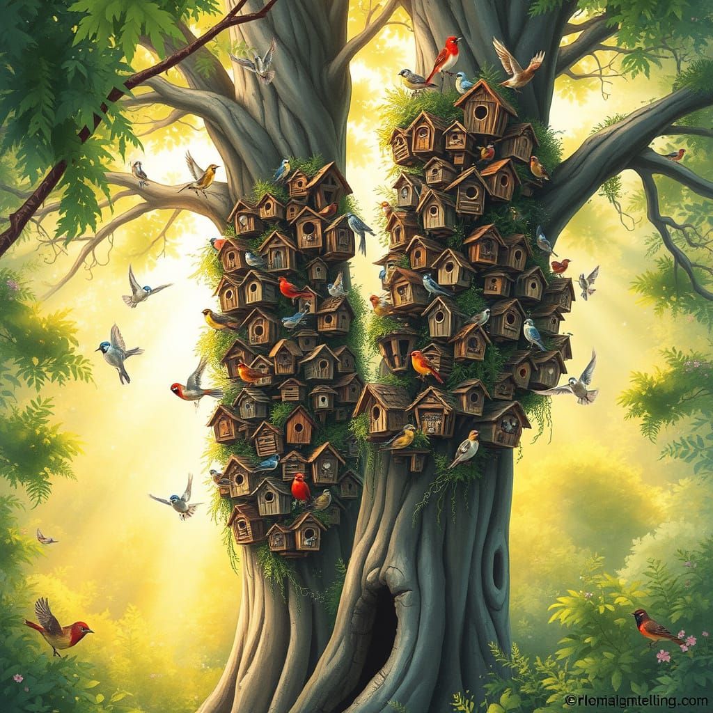 In a beautiful, magical forest bathed in soft golden light, ...