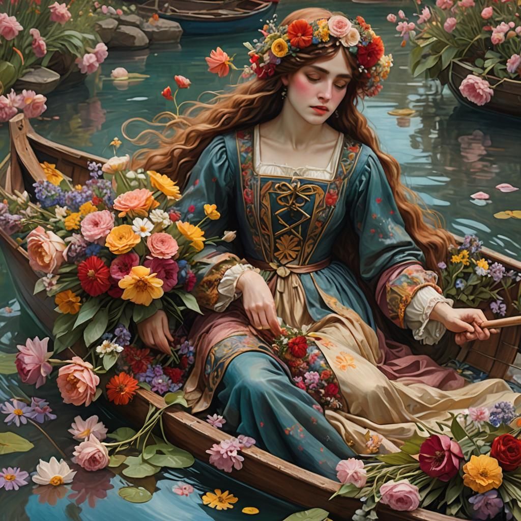 Flower Seller in a Boat: Pre-Raphaelite Fantasy