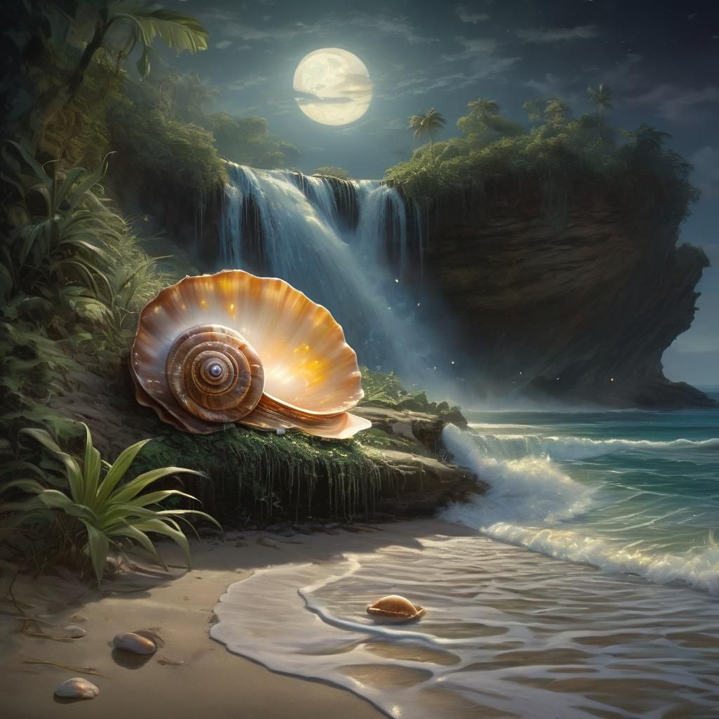 Seashell Jungle Landscape with Bioluminescent Waves