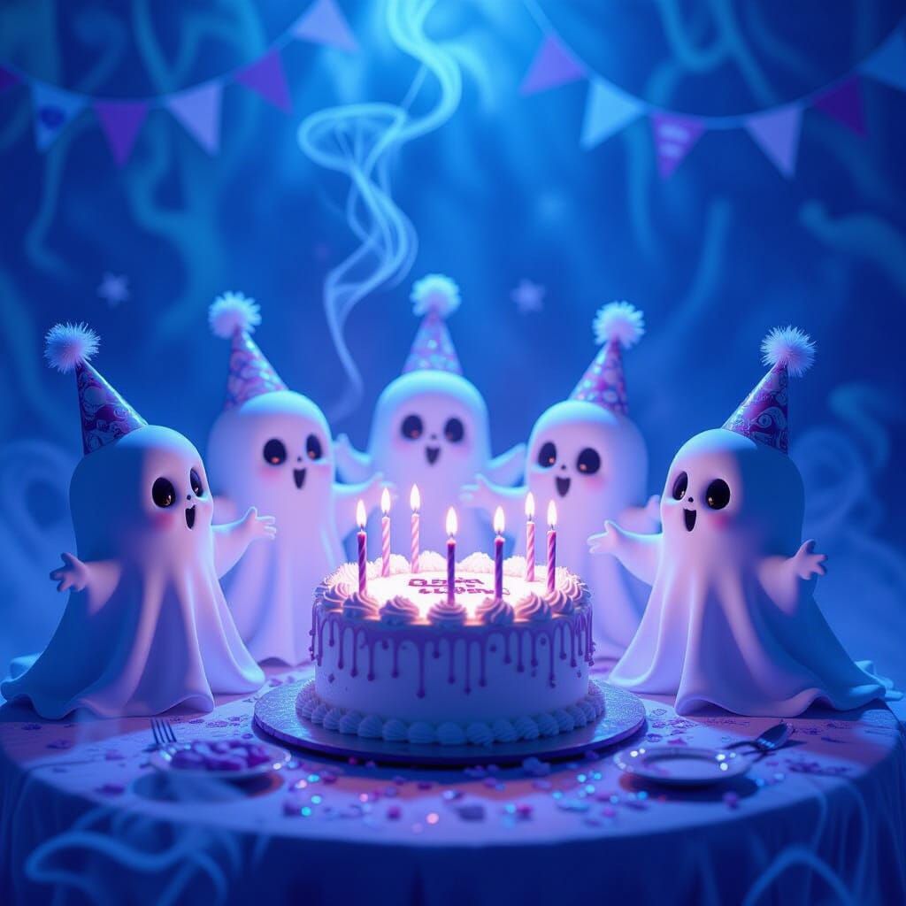 Whimsical Ghostly Birthday Party Scene with Ethereal Lightin...