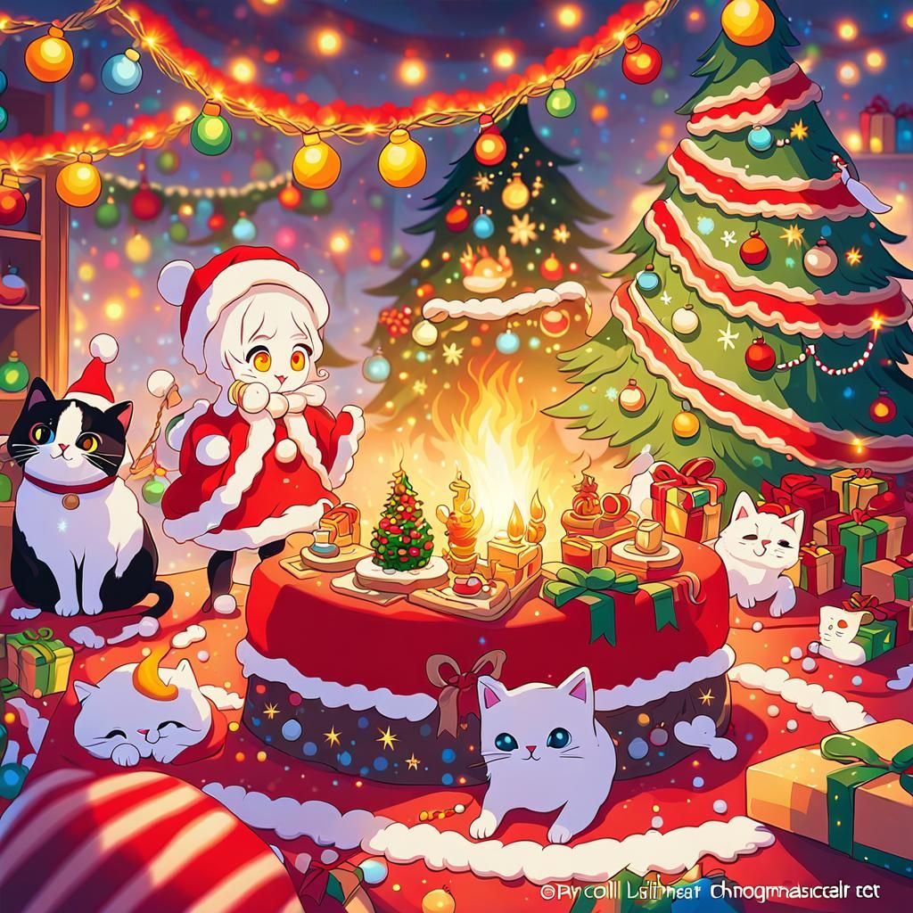 Festive Cats Play on Christmas Rug: Oil Painting