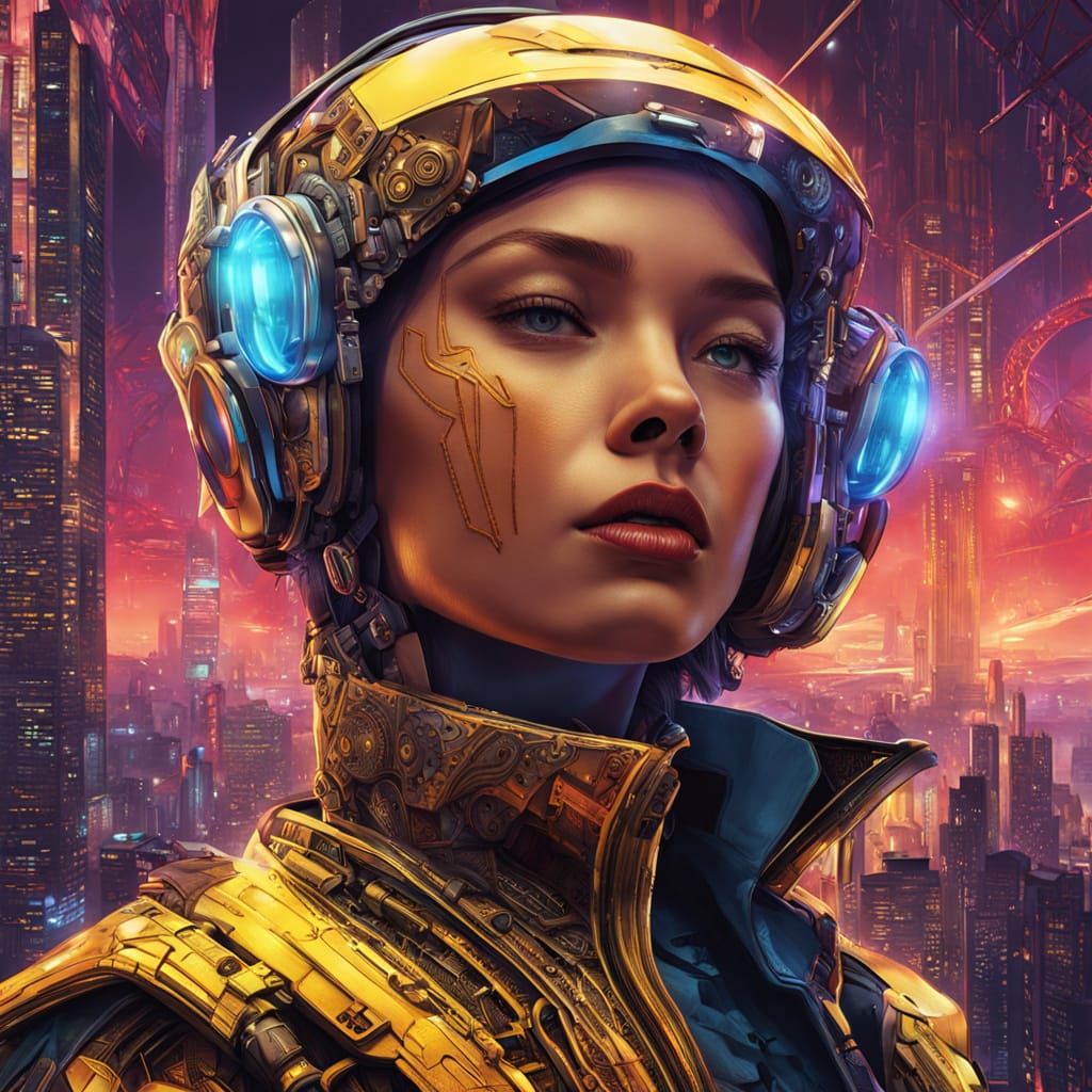 Cyberpunk Woman Gazes at Futuristic City Skyline