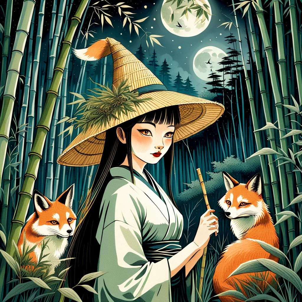 Kitsune Woman in Bamboo Forest, Ukiyo-e Style