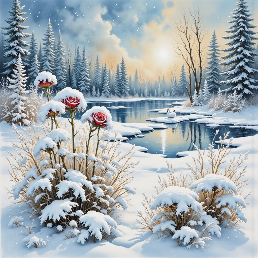 Winter Watercolor Scene With Swan and Snowy Rose