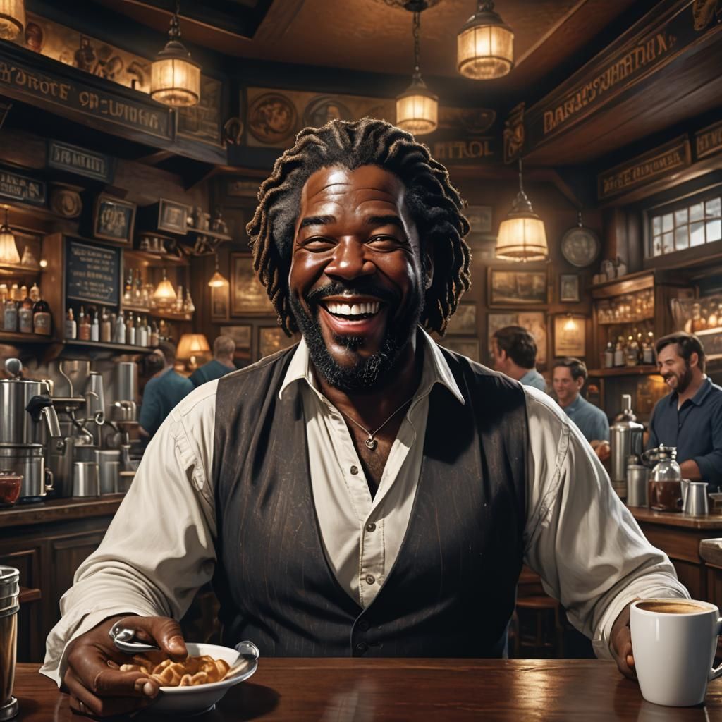 Barry White Laughs in Bistro: Hyperrealistic Art