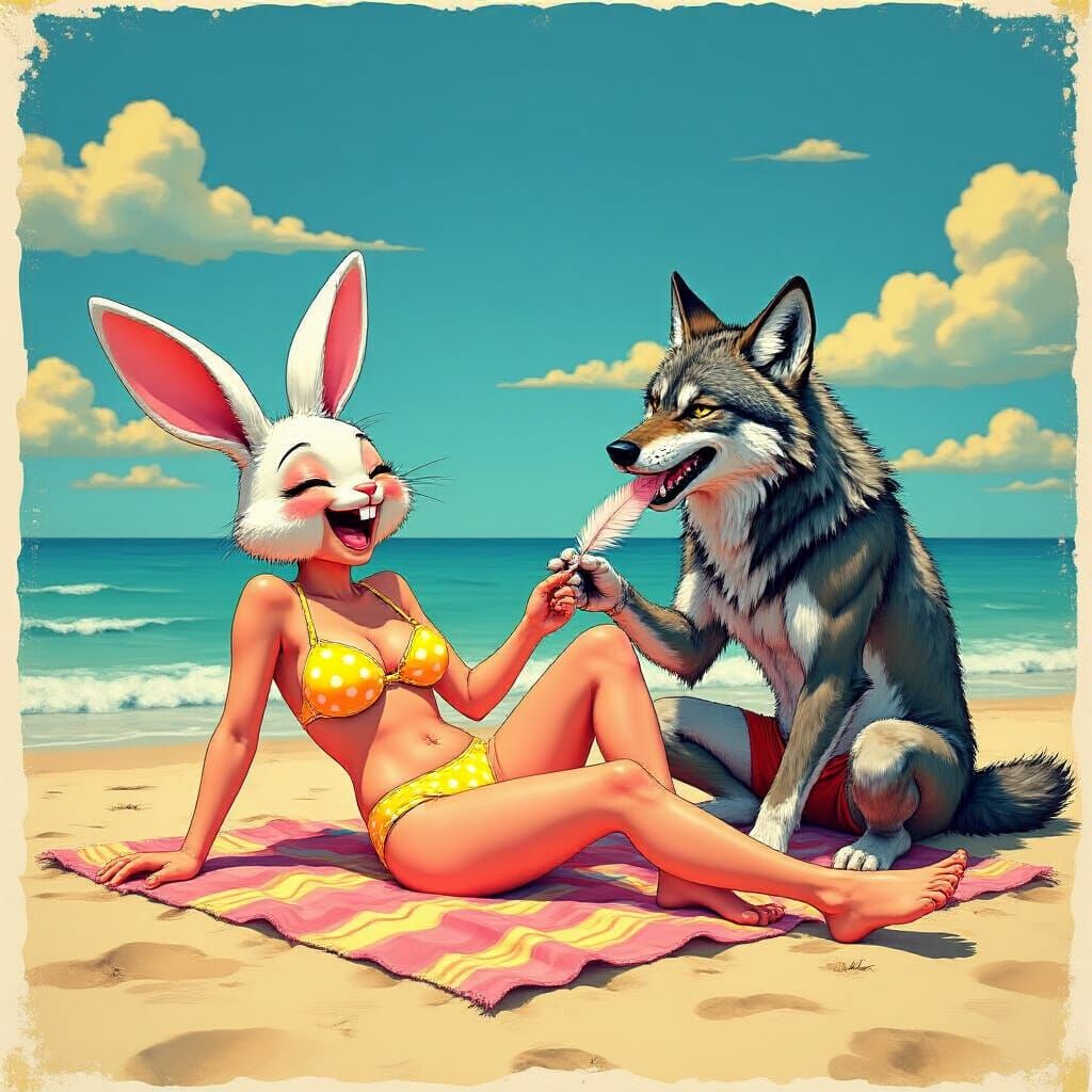 Beach Bunny Tickled: A Pop Art Beach Scene