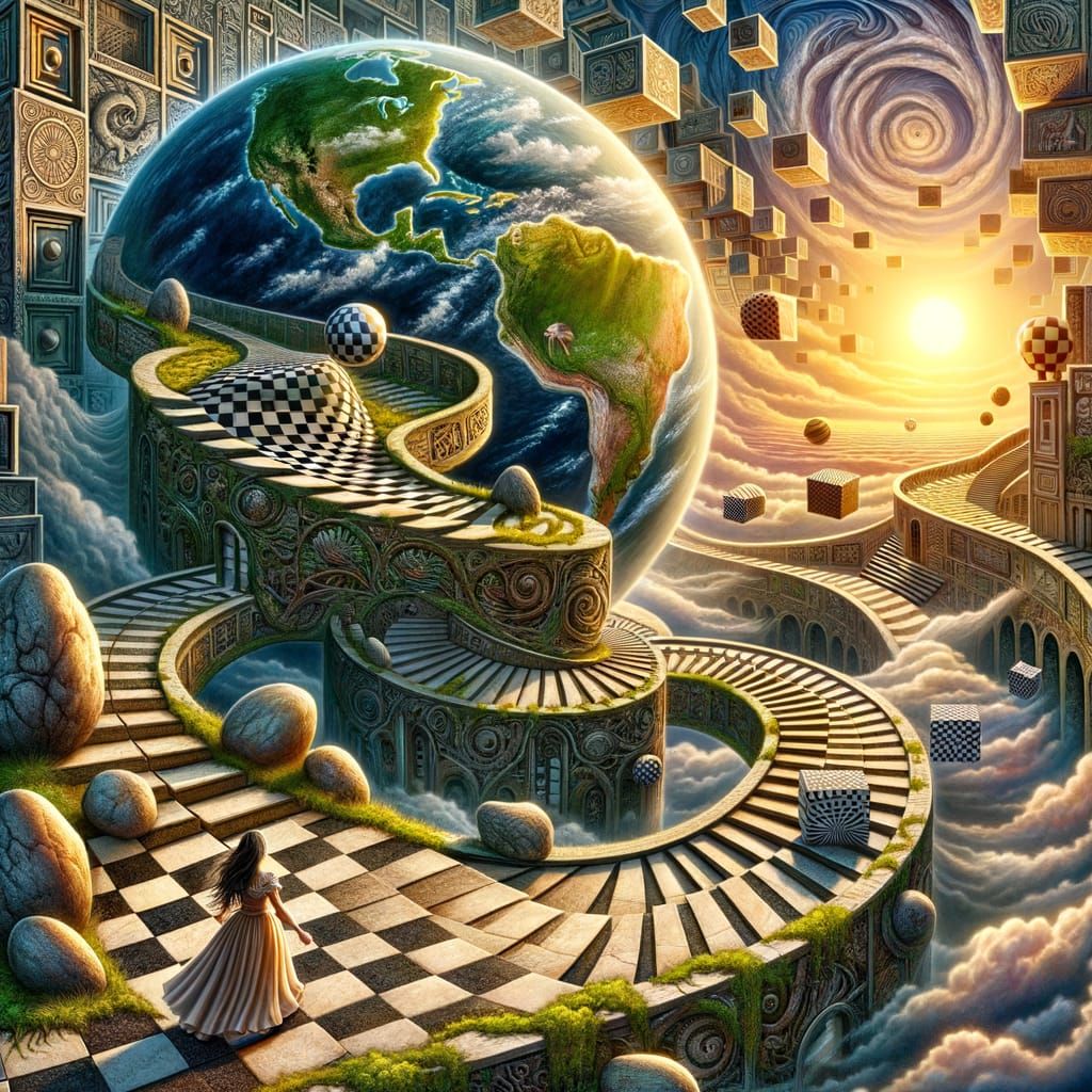 Surreal Earth Realm with a Woman Striding into the Setting S...