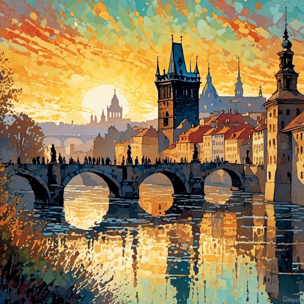 Charles Bridge in Post-Impressionist Art Nouveau Style