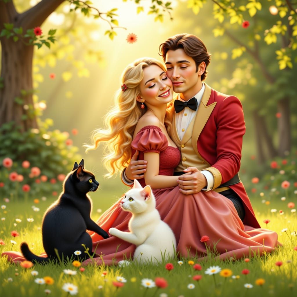 Vintage Children's Book Illustration of Couple Embracing wit...